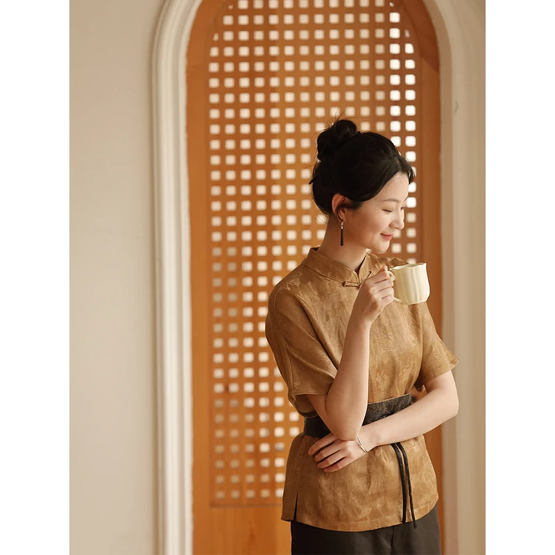 布小匠原创非遗高级棉麻提花衬衫女装新款春季新中式国风宽松上衣