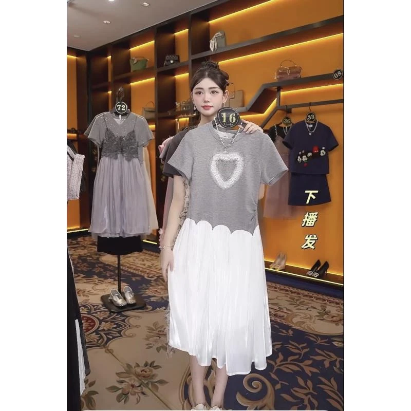 【linda】编码【16】超好看爱心印花拼接撞色百褶休闲连衣裙JC-A3293