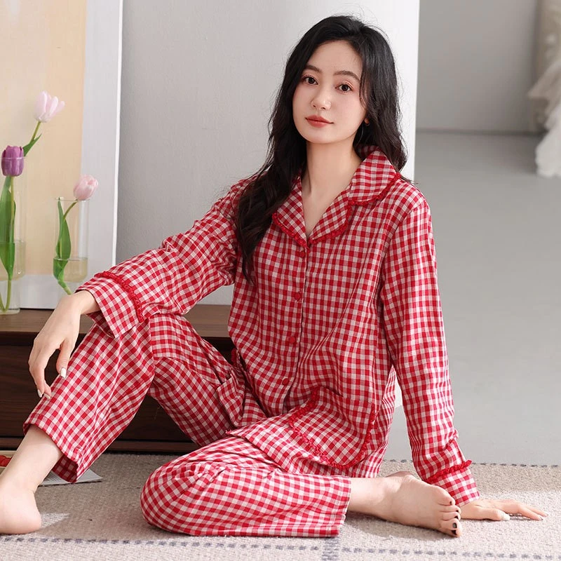 梭织棉纱布睡衣女春秋款纯棉长袖秋季全棉可外穿带胸垫家居服套装