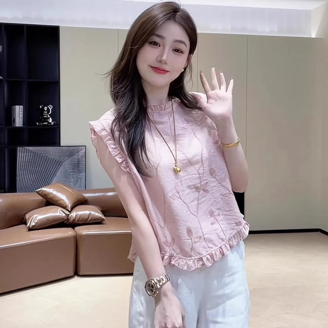 立体钩花木耳边背心无袖上衣女2025夏季新款法式漂亮小衫雪纺衬衫