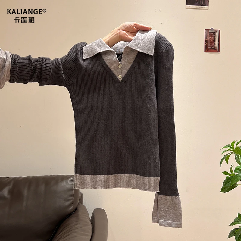 卡莲格/法式Polo领长袖针织衫女早秋新款内搭修身显瘦打底衫上衣
