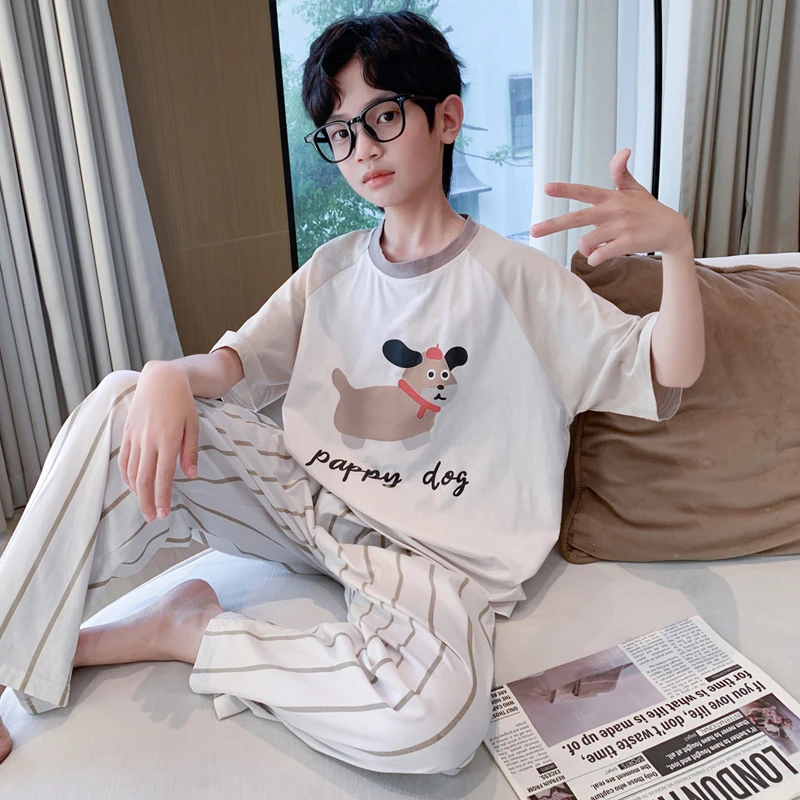 儿童纯棉睡衣男大童夏季短袖家居服套装10至15岁男孩空调服三件套