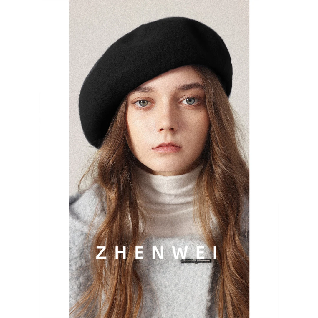 100%纯羊毛贝雷帽女大头围画家帽子云朵黑色羊毛女秋冬季2025新款