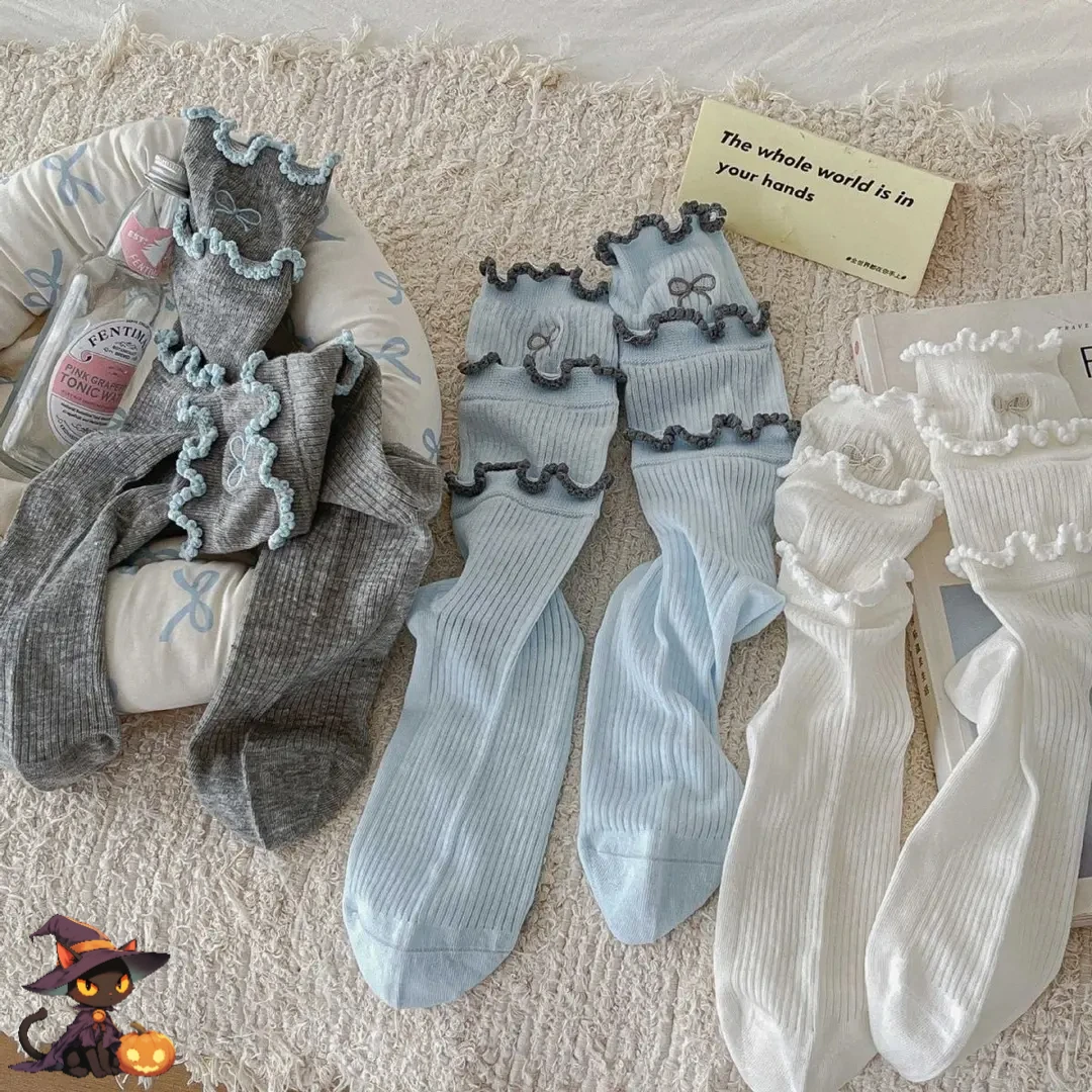 韩系蛋糕花边袜子女春夏薄款透气中筒袜女生公主白色堆堆长袜kkk