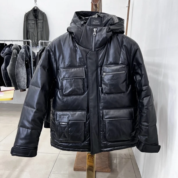 男士头层绵羊皮连帽时尚百搭真皮夹克冬季潮流工装风休闲柔软保暖