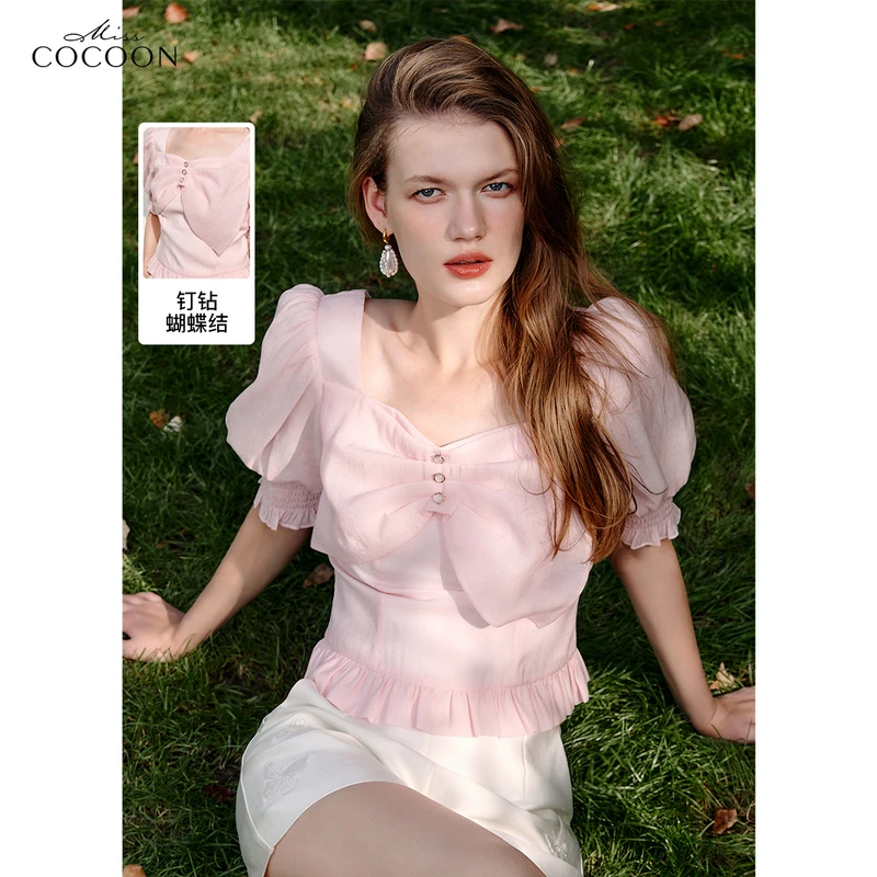 missCOCOON不对称蝴蝶结上衣泡泡袖雪纺衫0167