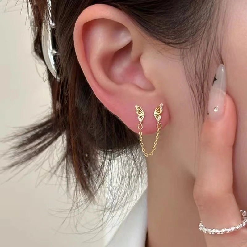 铜合金铜耳饰 蝴蝶耳钉ins小众设计高级感甜美流苏双耳洞耳环耳饰