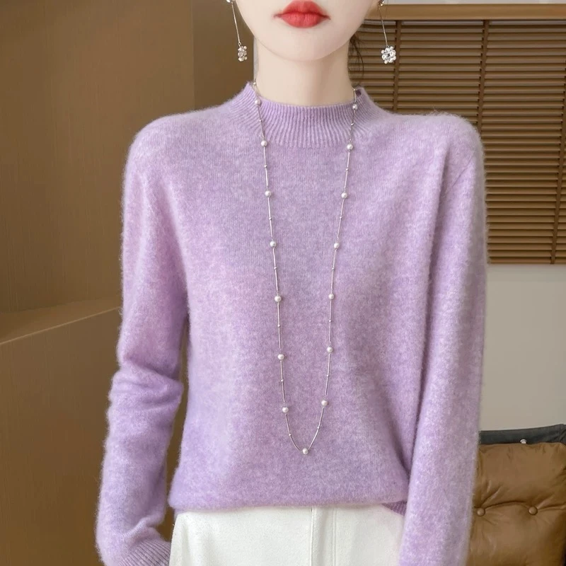 超柔软安迪绒女一线成衣V领半高领纯色针织衫套头毛衣时尚百搭潮