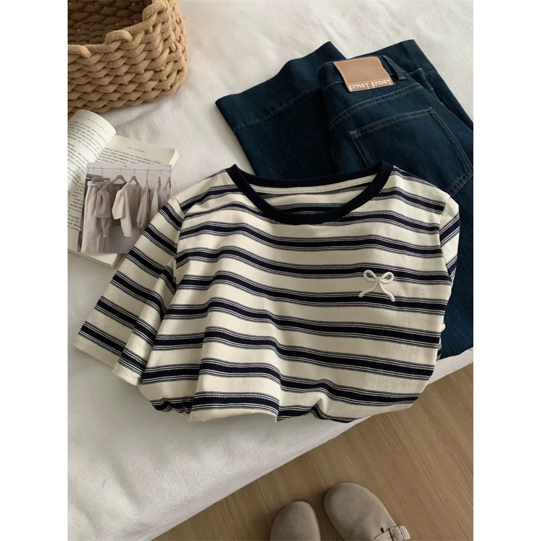 「慵懒风」外贸原单【刺绣❧蝴蝶结】时尚百搭条纹撞色T恤25001