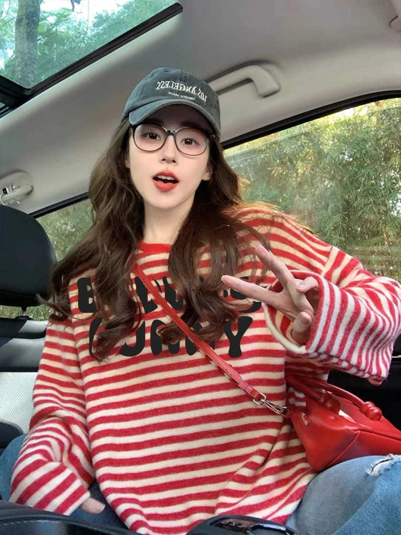 红色圆领长袖t恤女2026新款早秋美式复古宽松休闲打底衫上衣