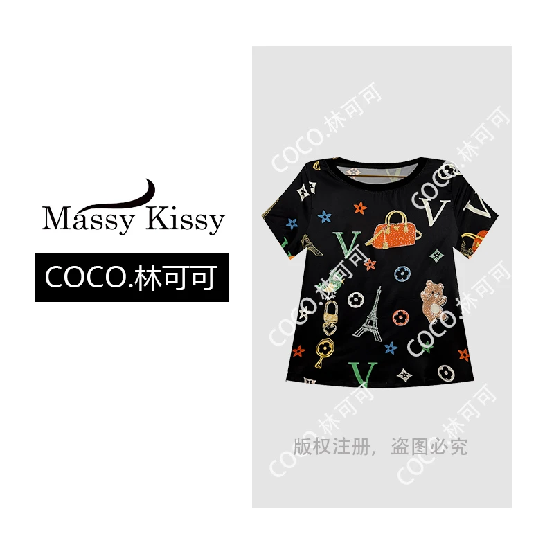 【COCO林可可】‘’时尚巴黎“ 烫钻印花桑蚕丝上衣 高端欧货轻奢T恤女