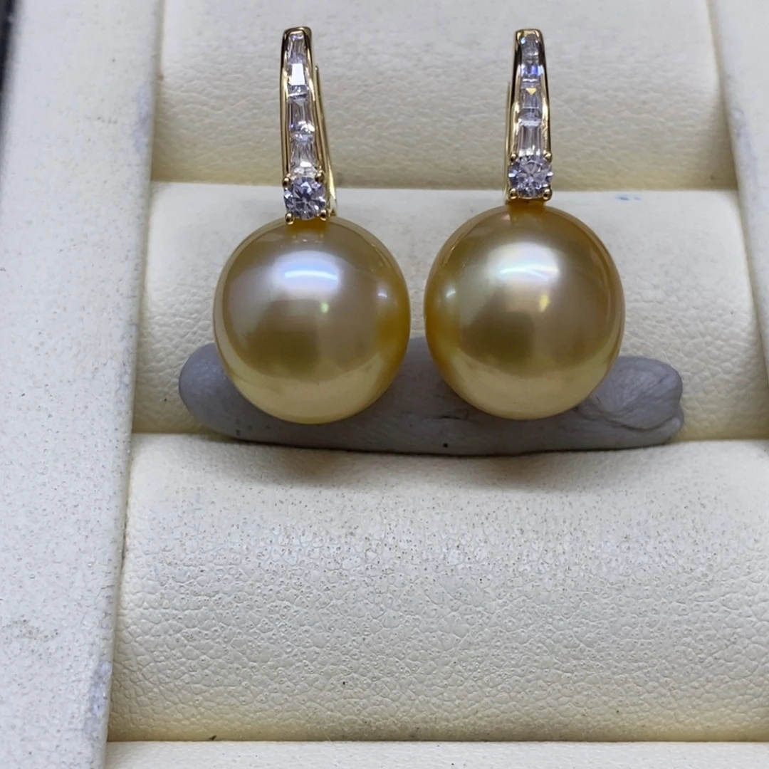 银S925镶嵌耳饰海水珍珠金珠耳扣12-13mm