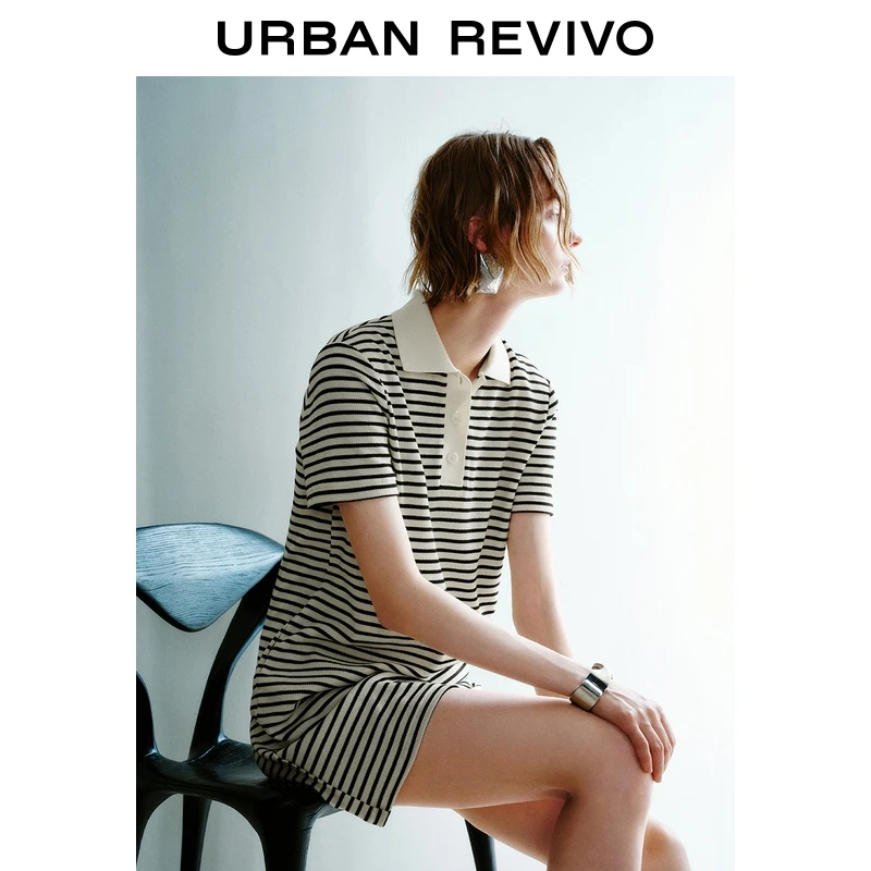 UR2025夏季新款女装简约通勤撞色条纹短袖连衣裙UWM750064