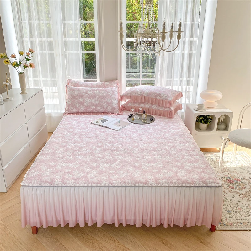 2025新款玫瑰提花渐变系列凉感丝冰丝席亲肤床裙款pe凉席三件套