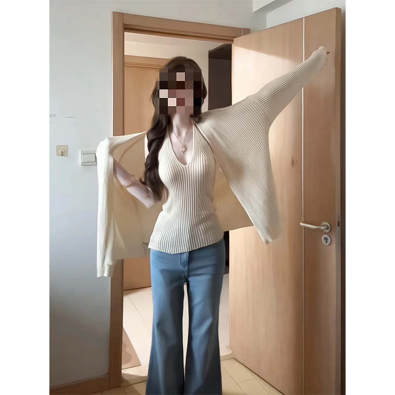 2025新款女士早秋季慵懒风宽松针织开衫外套+内搭吊带宽松阔腿裤