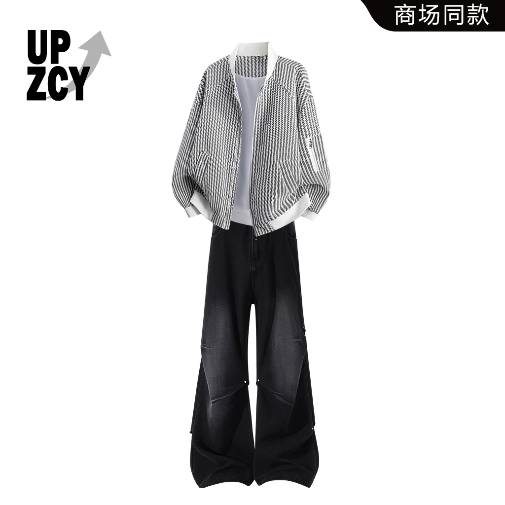 UPZCY美式潮流条纹拼接夹克套装男秋冬宽松百搭牛仔裤两件套男装