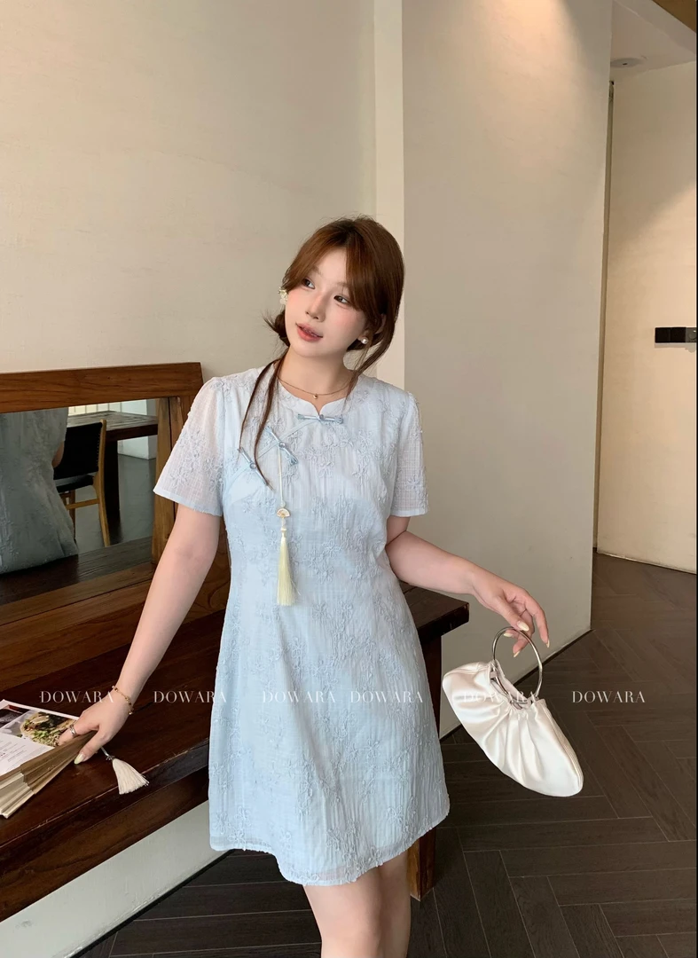 现货8812X大婉酱肉肉微胖定制【天青色】新中式旗袍钩花设计连衣裙