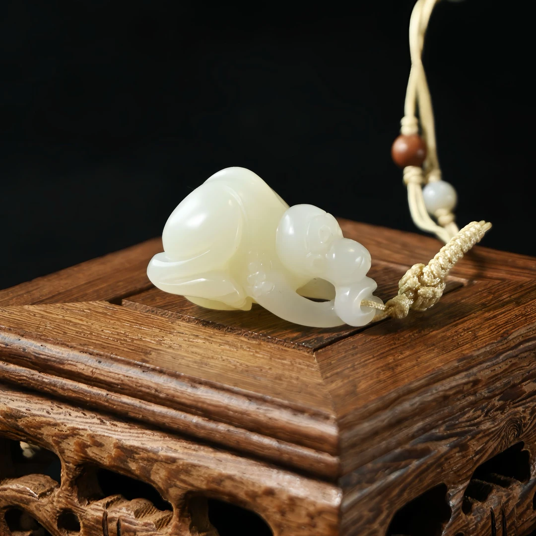 【白沙传承】天然和田玉且末白玉生肖猴吊坠 X0035