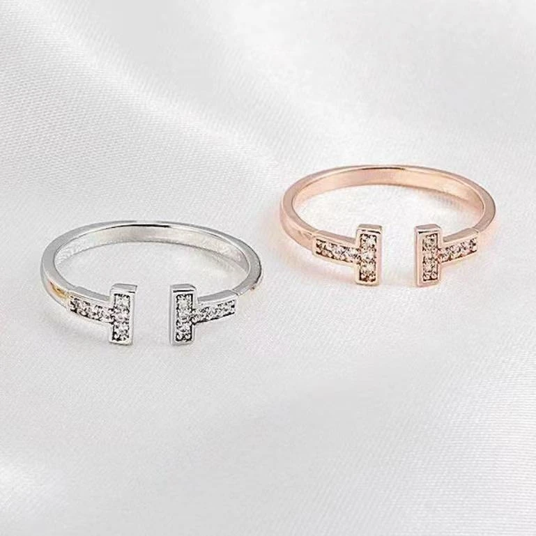 18k金镶嵌天然钻石12分开口双T戒指，多样性发其一DZ