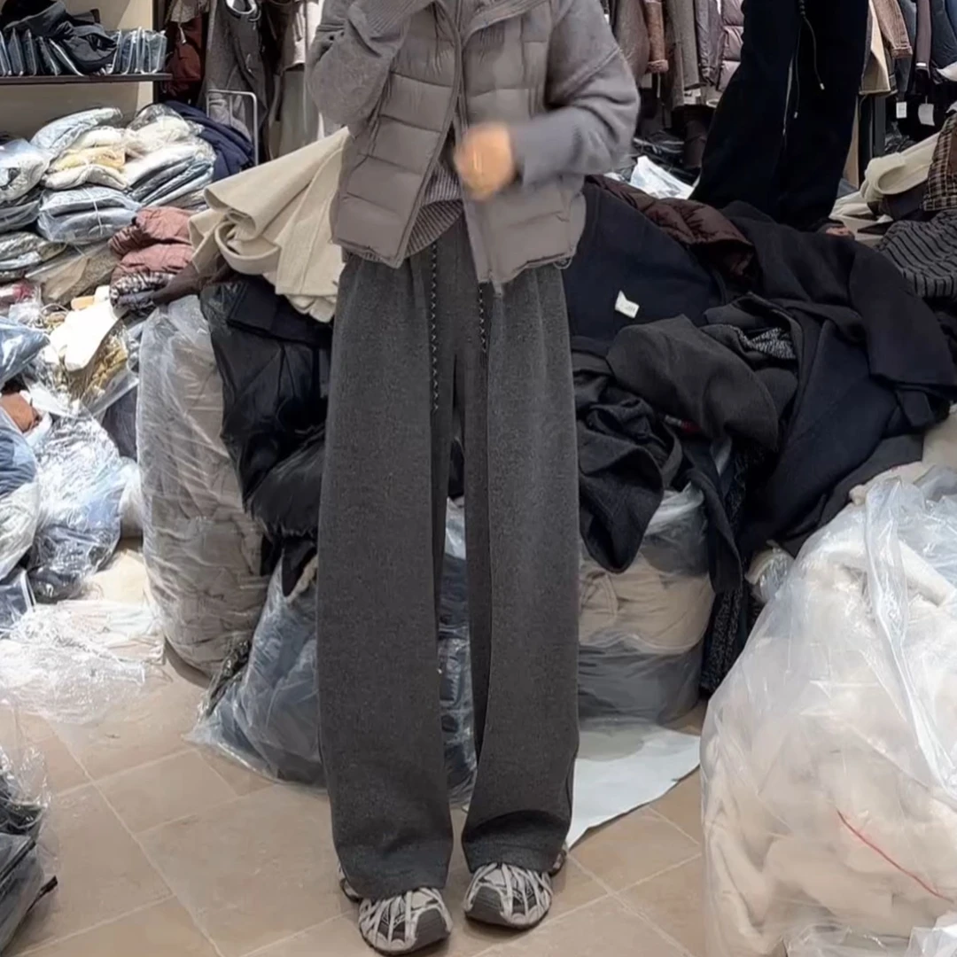 2025秋冬高腰显瘦长裤休闲复古松紧腰加绒抽绳弯刀裤LK2507130