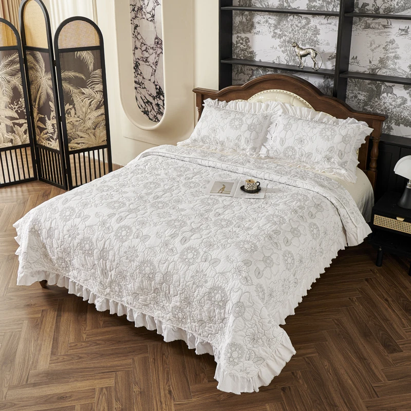 优雅-韩式双面全棉重工绣花砂洗软床盖夹棉绗缝棉花被  繁花