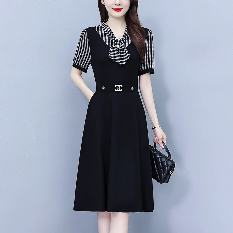 CD#8531 大码女装夏季新款韩版中妈妈假两件超修身简约条纹拼接连