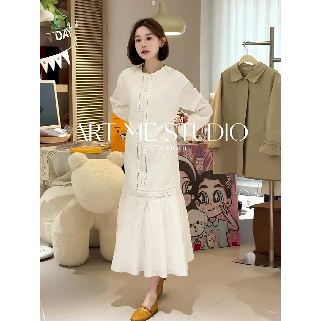 法式简约温柔风气质白色连衣裙女2025秋季新款小众显瘦宽松长裙潮