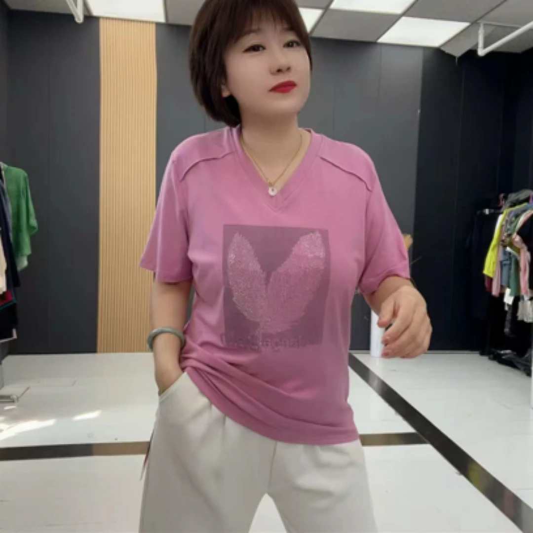 短袖气质女拼接休闲风常规款包袖V领T恤圆领修身女款山本风-3051