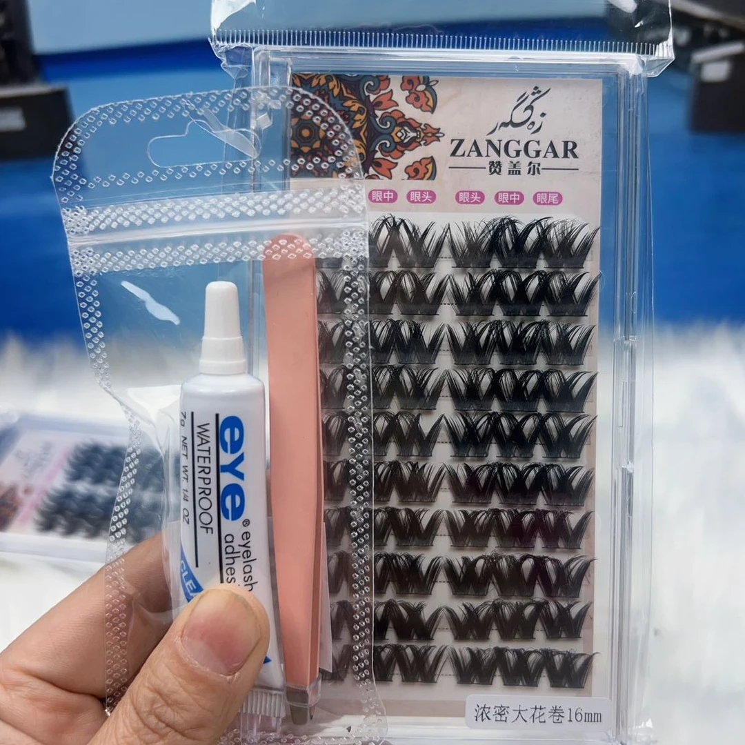 ZAGGAR 10排kirpk浓密大花卷假睫毛新手单簇嫁接用胶水贴重复使用