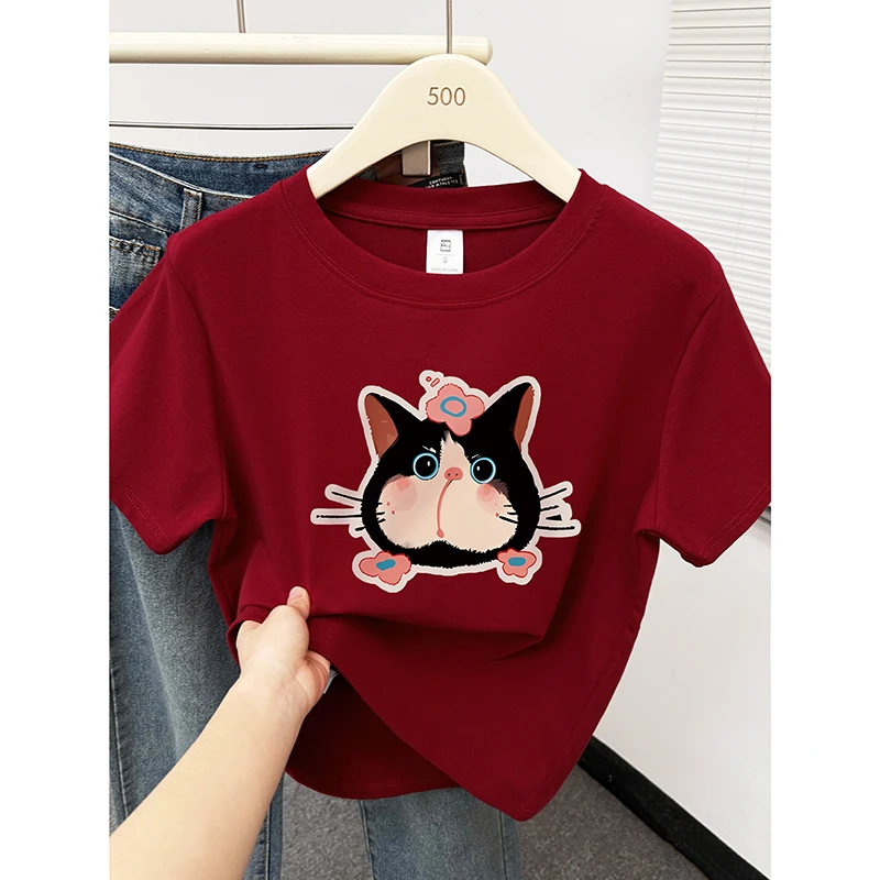 正肩t恤女夏季爆款红色短袖大码胖mm遮肚显瘦圆领体恤衫上衣潮