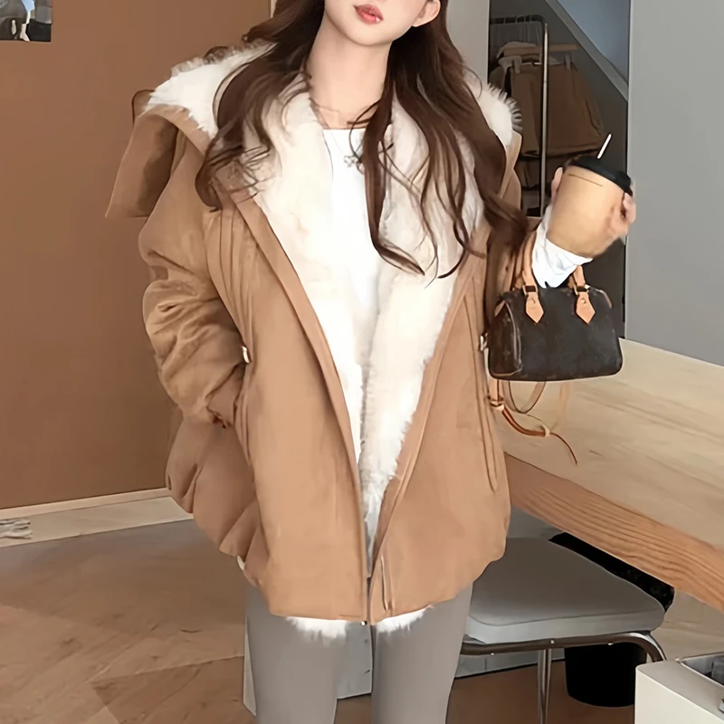 小众简约韩系通勤毛领棉服女2026冬季新款宽松版型温柔慵懒外套