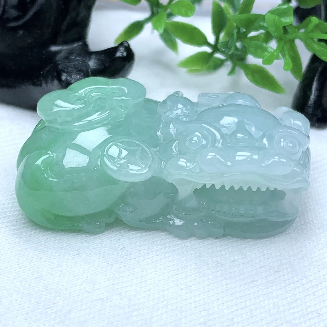 天然缅甸翡翠A货冰润满绿金钱霸王貔貅吊坠挂件40.4−22.6−13.5mm