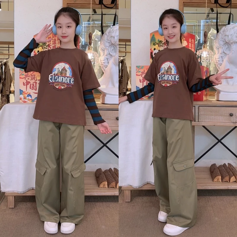 童装复古春秋卡通动漫上衣套头女童套装森系百搭工装裤女童男童装