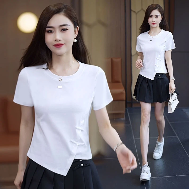 夏季新中式t恤显瘦时尚不规则修身气质洋气百搭小众设计感短袖