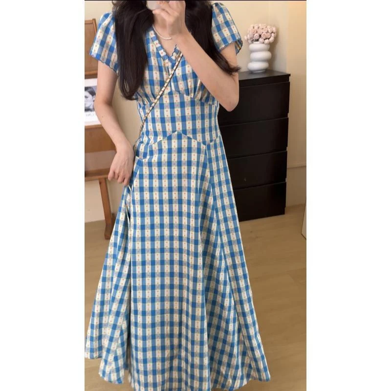 夏季V领时尚小清新薄荷蓝格显瘦小众设计感韩版连衣裙