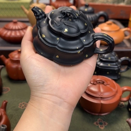 紫砂茶壶宜兴紫砂六方竹鼓焐灰洒金