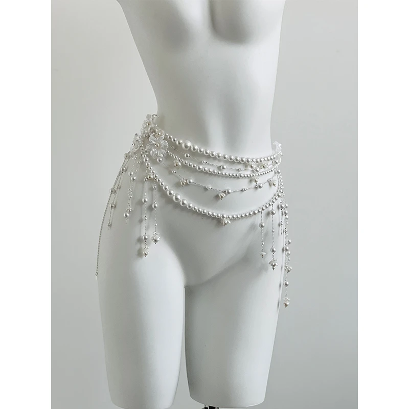 MusesEarth花仙珍珠腰链 花朵白色珍珠项链叠戴连衣裙配饰腰封