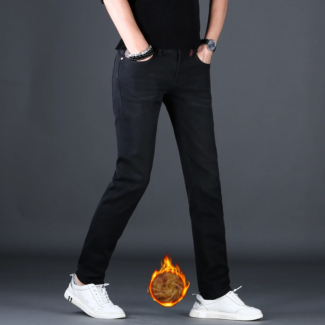 高档正品黑色牛仔裤男款薄绒加厚修身小脚裤冬季新款休闲男款裤子