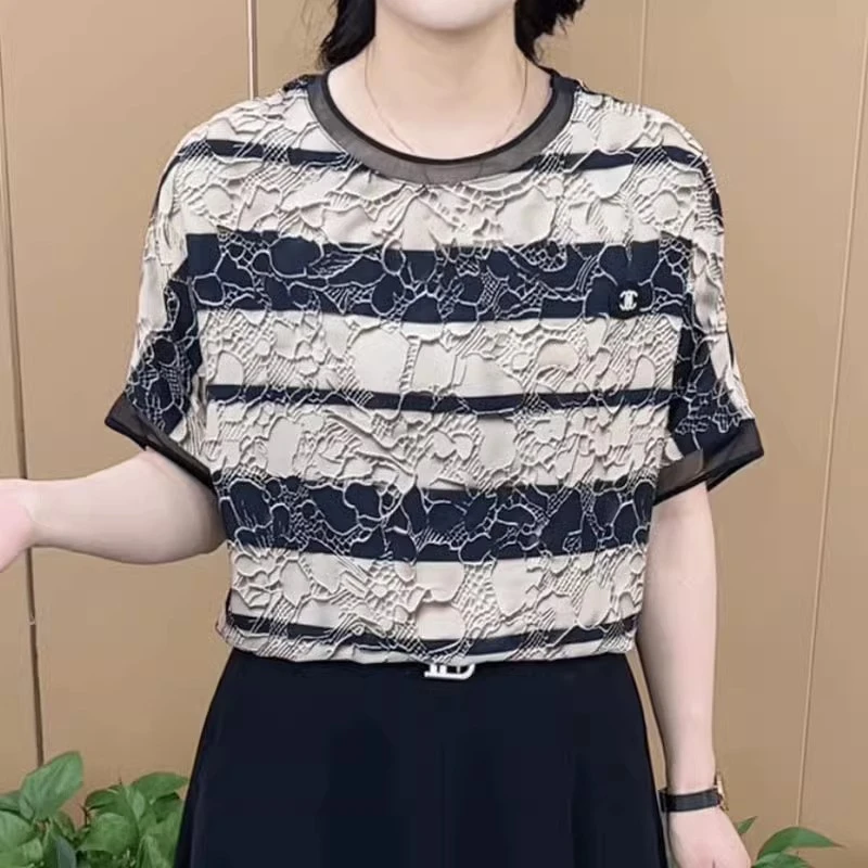 夏季新款休闲印花圆领小衫时尚气质宽松短袖T恤显瘦上衣中年妈妈
