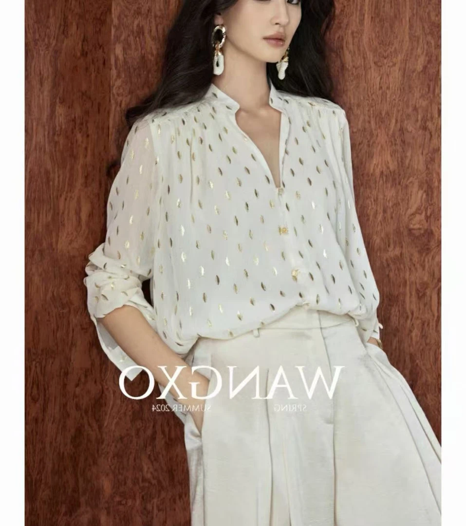 MM M胸106长65烫金刺绣长袖温柔气质宽松单排水晶圆扣衬衫 1039