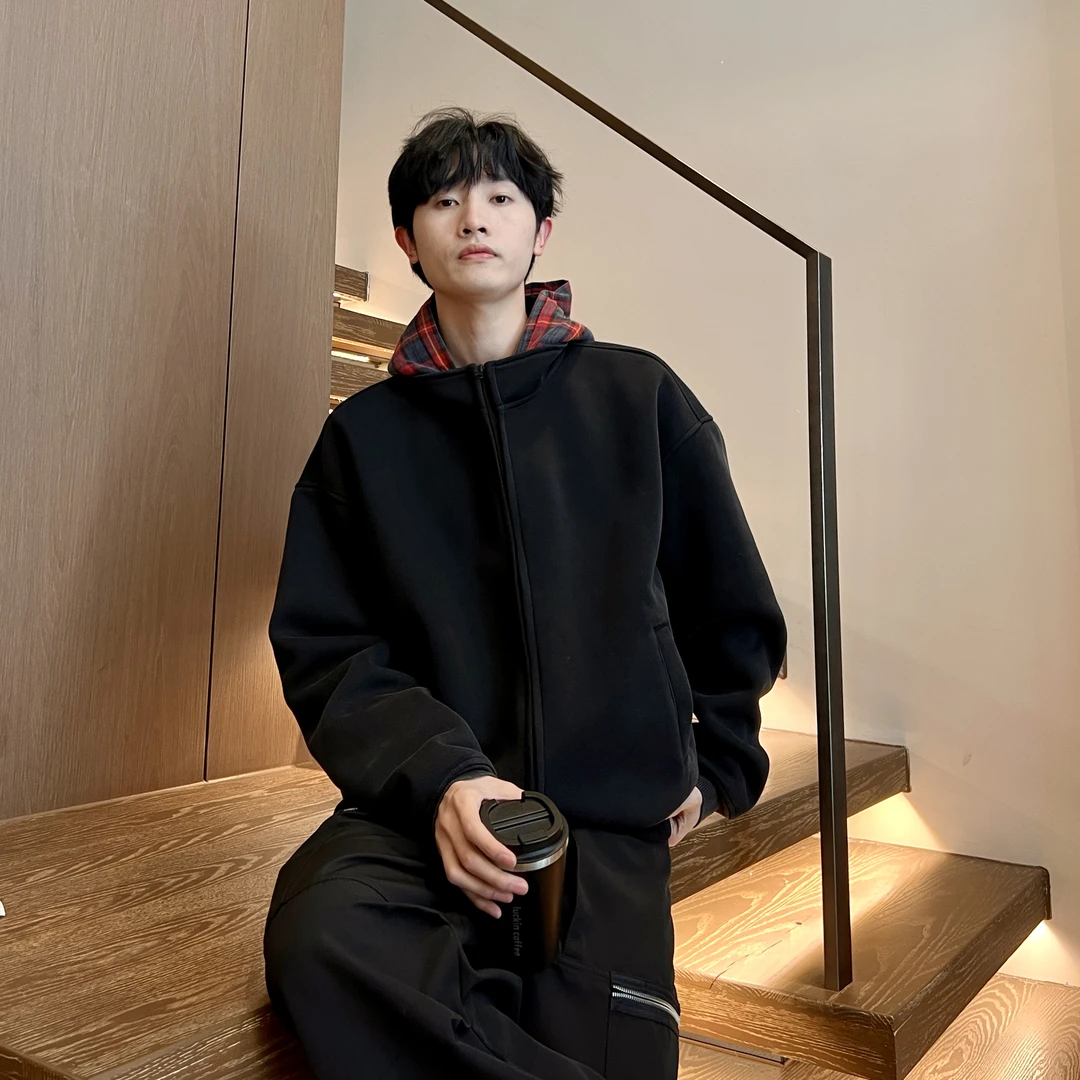 春秋重工水洗拼接连帽卫衣男士休闲宽松百搭帽衫外套情侣穿搭潮牌