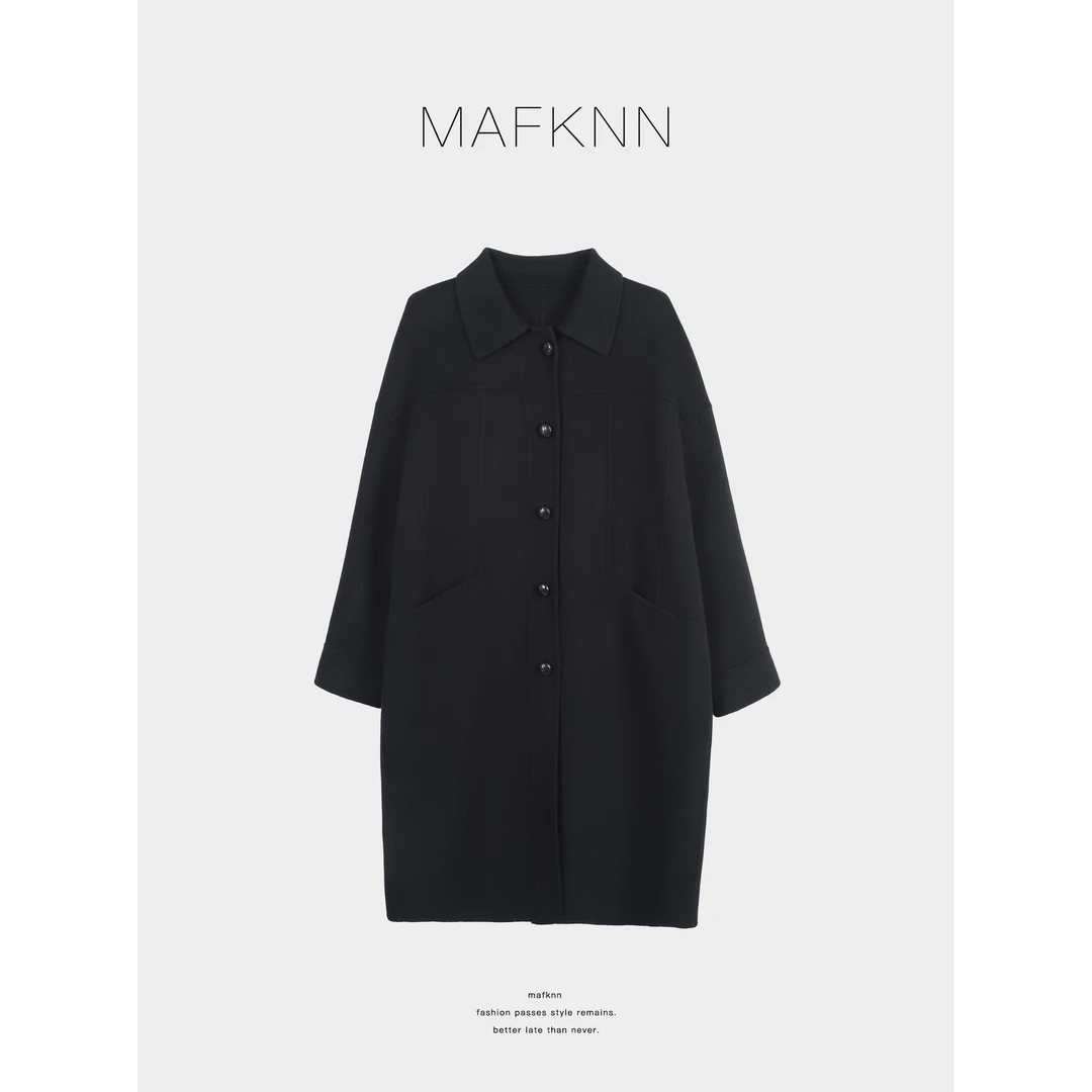 MAFKNN/玛肯时尚休闲简约秋冬中长款毛呢大衣MK13696