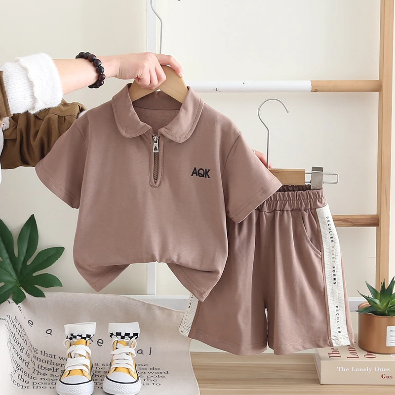 包邮男宝宝夏天短袖童装儿童套装潮小童男童夏装纯色polo衫两件套