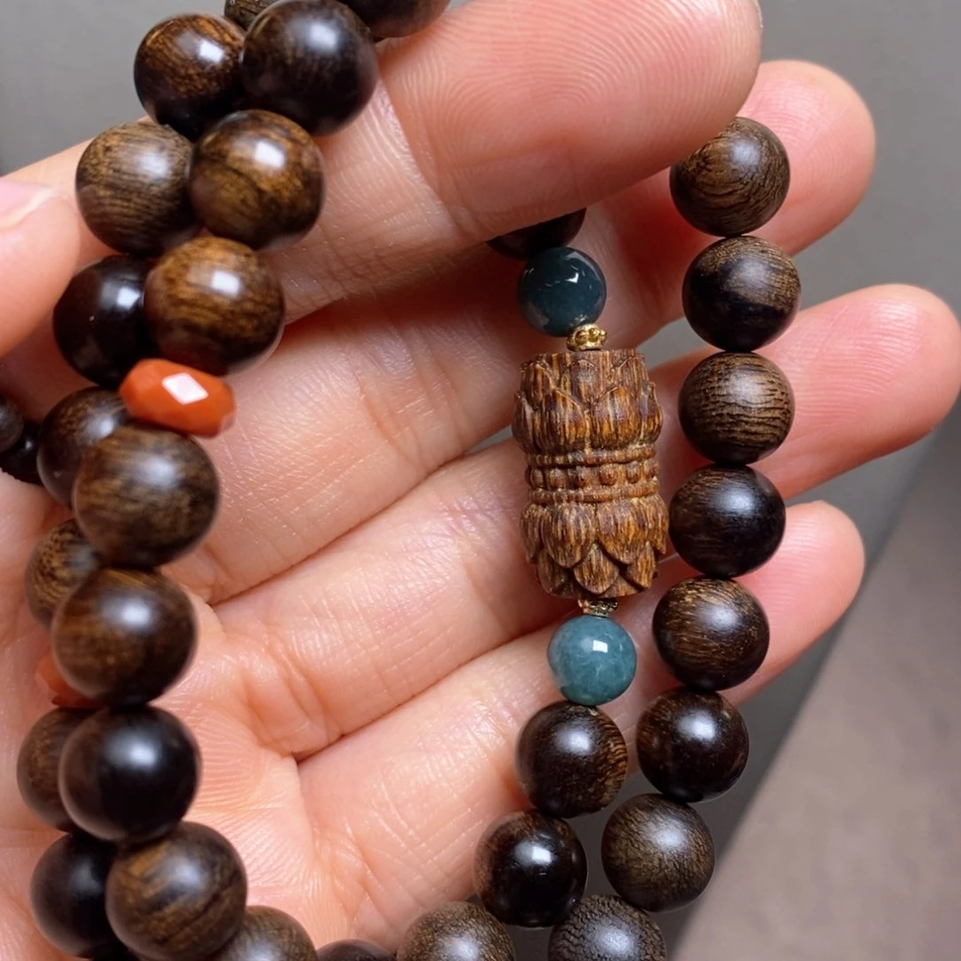 沉香手串越南富森红土08➕白棋楠莲花沉香木雕