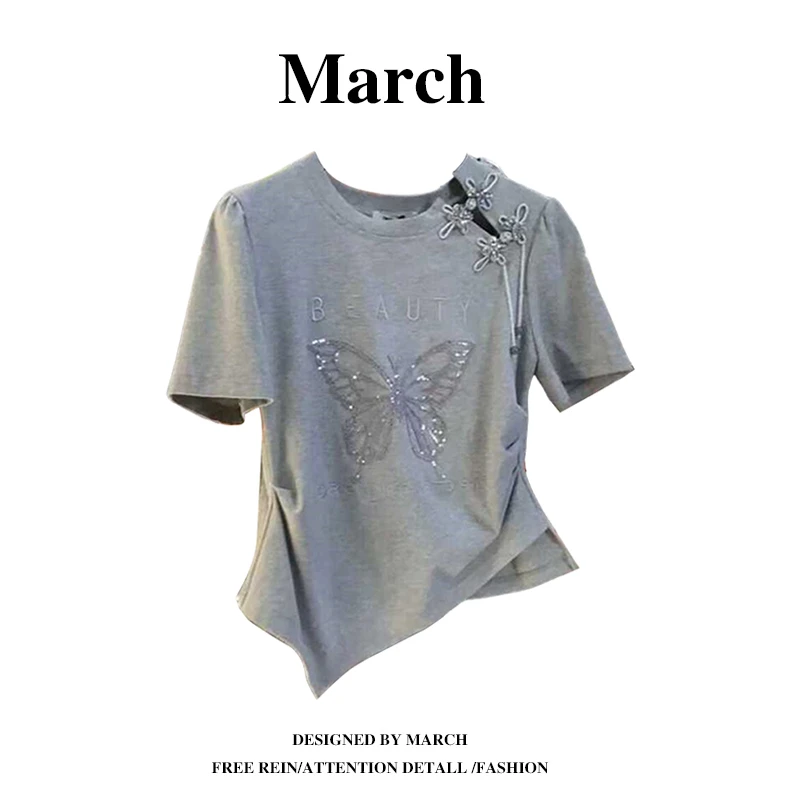 设计感国风绣花短袖t恤女2025夏季新款大码胖mm修身蝴蝶上衣-0124