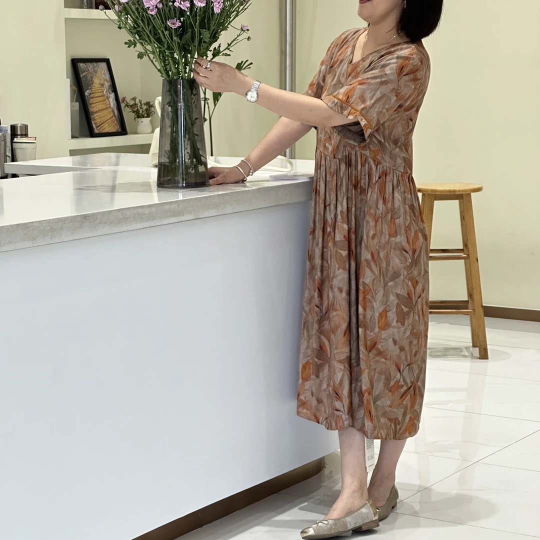 【余姚心依阁铭品】66088云锦缎新款枫叶宽松气质连衣裙