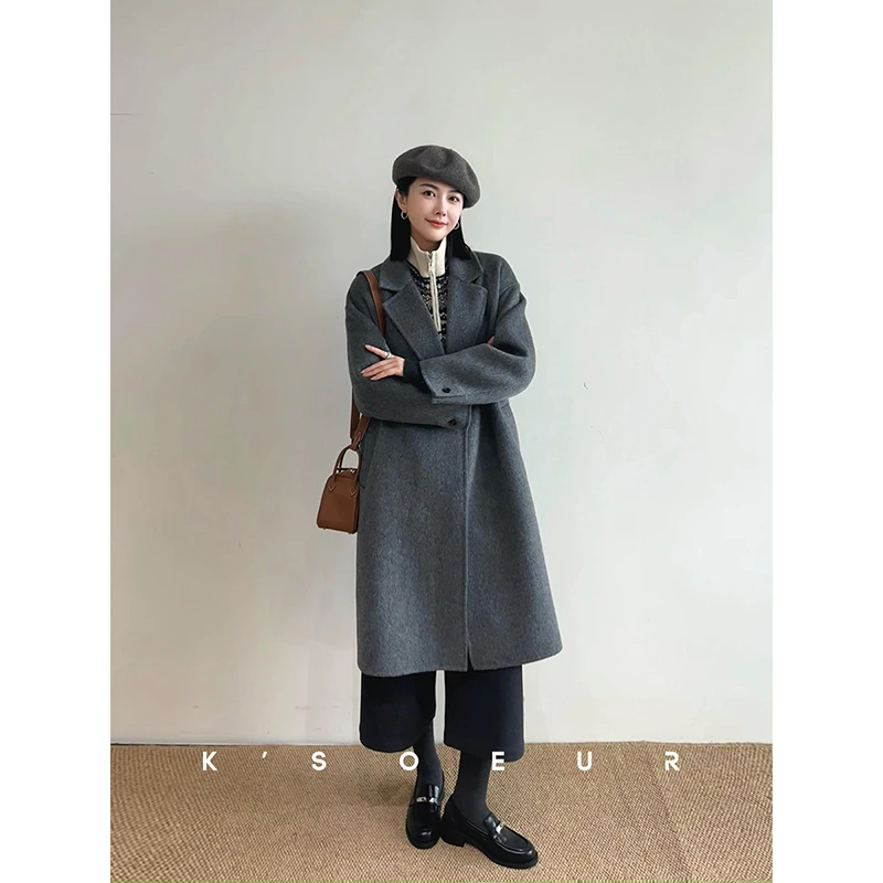 K姐KSOEUR【高智大衣】百百羊毛 气质西装领 中长款双面呢大衣女