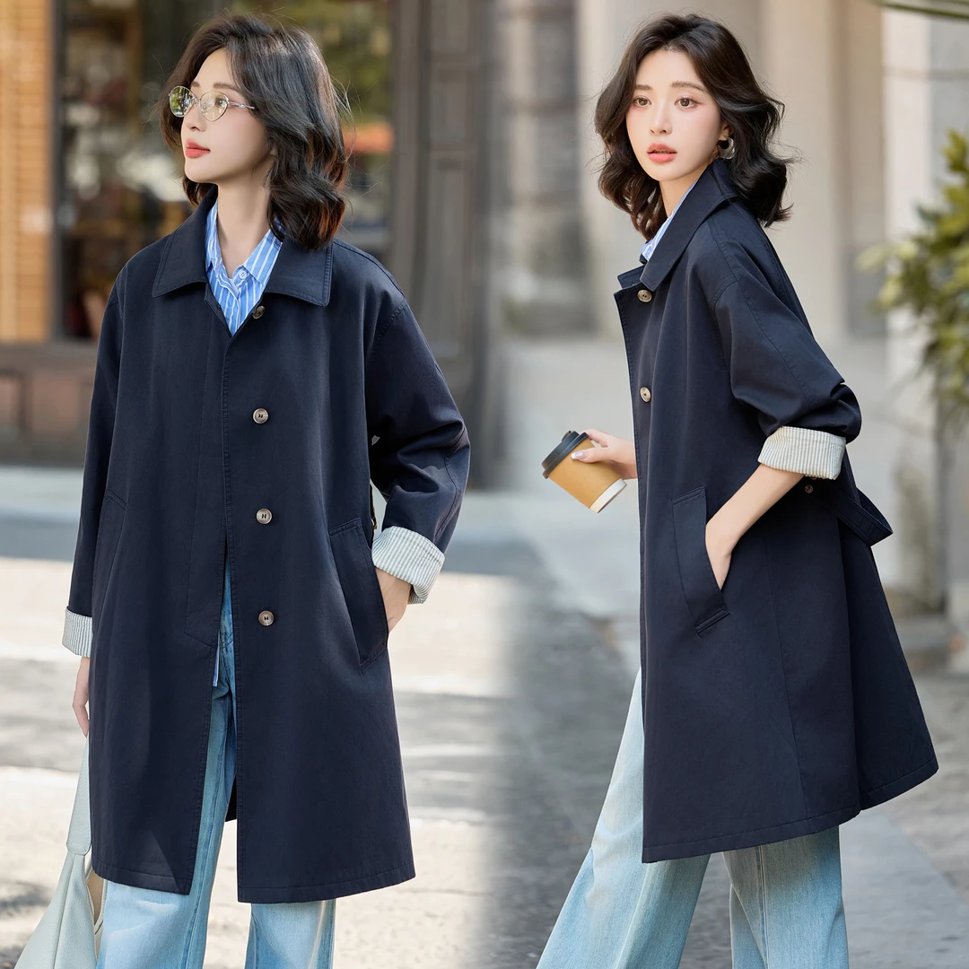 2025春秋新款小个子高级感超好看韩系休闲中长款藏蓝色风衣外套女