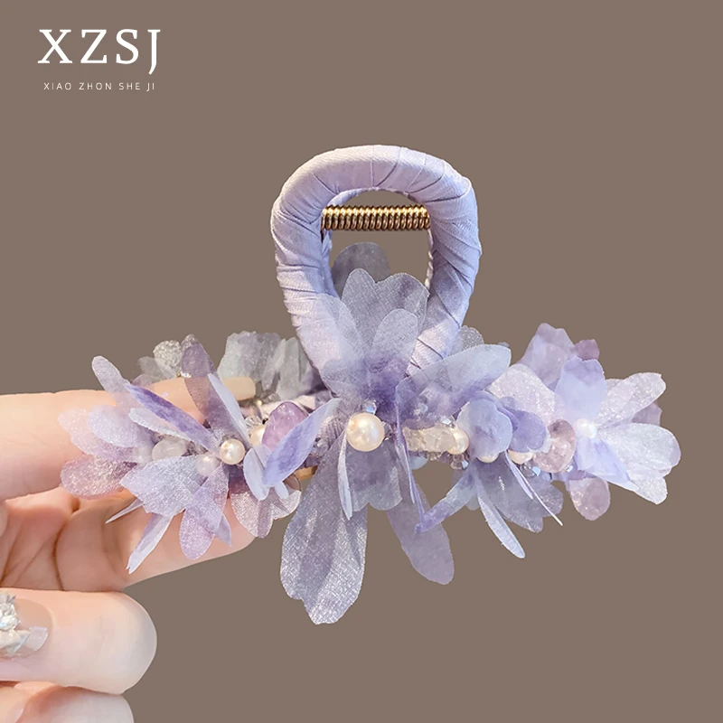 千金头饰超仙优雅紫色花瓣抓夹女时尚手工珍珠发夹盘发鲨鱼夹发卡