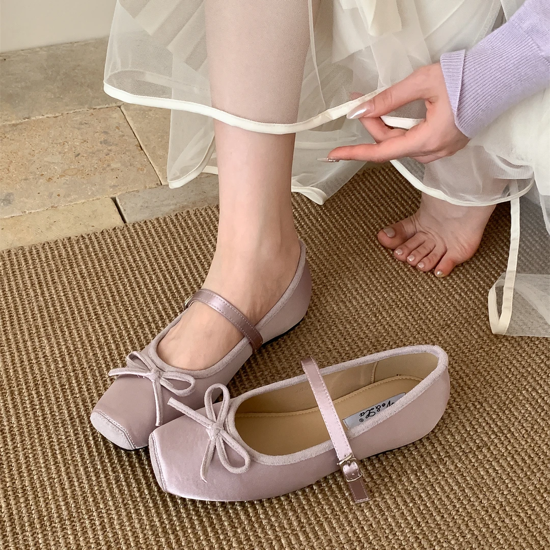 欢梨"温柔浅紫"内增高蝴蝶结浅口玛丽珍鞋女春软底晚晚风缎面单鞋